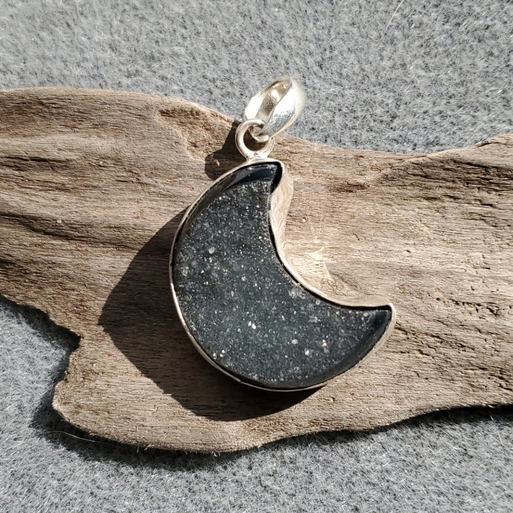 Sterling Silver Black Druzy Crescent Moon Pendant